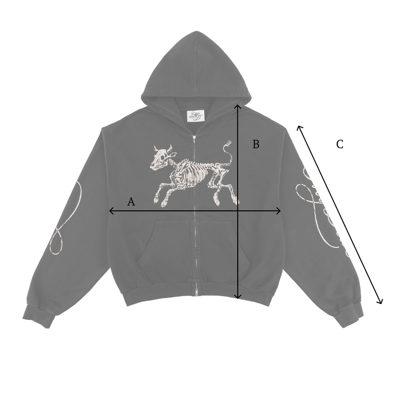 Hoodie Size chart for Zip Hoodie Vintage Black Skeleton Cow